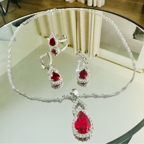 Sterling Silver 925 Set Red Teardrop Ring Earrings Necklace Zircons Solid - Picture 13 of 14